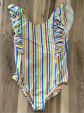 Crewcuts J. Crew Rainbow Stripe Ruffle One-Piece Swimsuit - Kids Girls Size 10